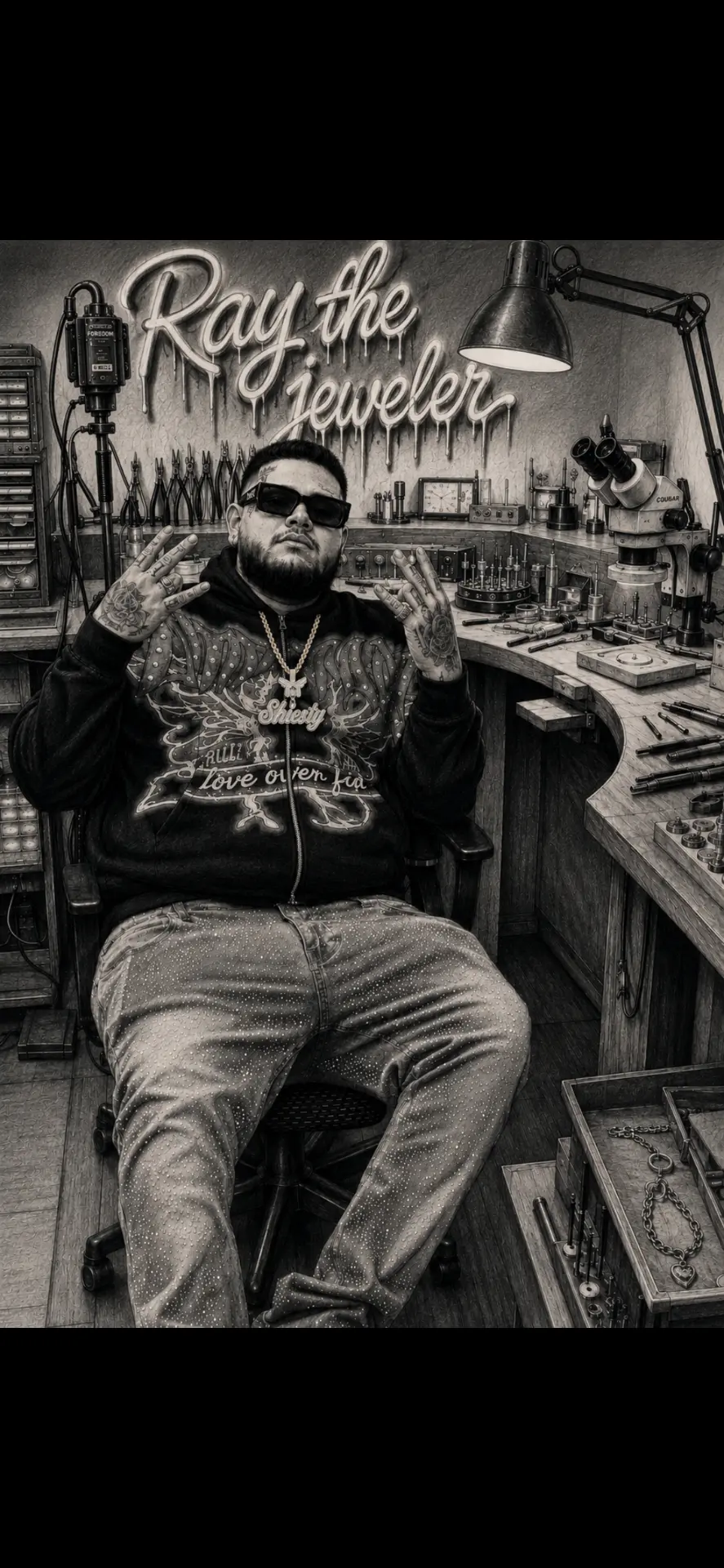 Ray the Jeweler at his workbench, where every set is hand-set in solid gold.