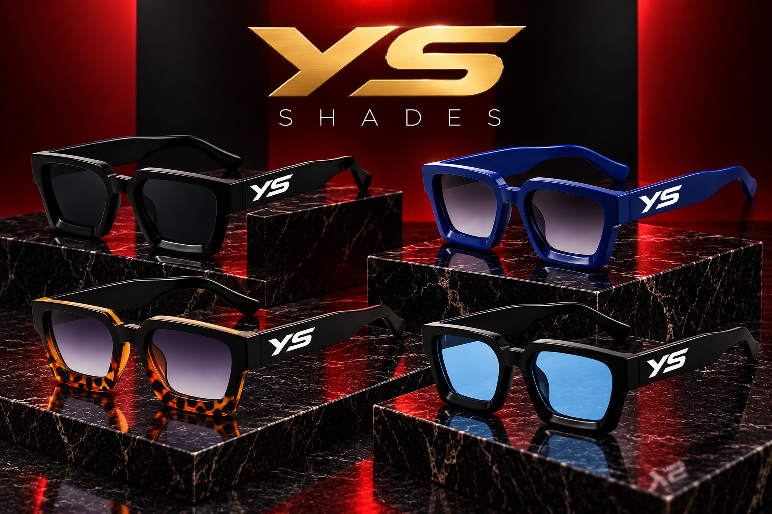 YS Shades collection in black, cobalt blue, tortoise shell, and blue lens colorways
