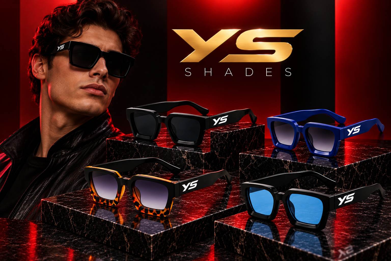 YS Shades campaign — a model in a black leather jacket wearing black YS square-frame sunglasses, with four colorways (black, royal blue, tortoiseshell, and black with light-blue lenses) displayed on marble pedestals against a red and black backdrop