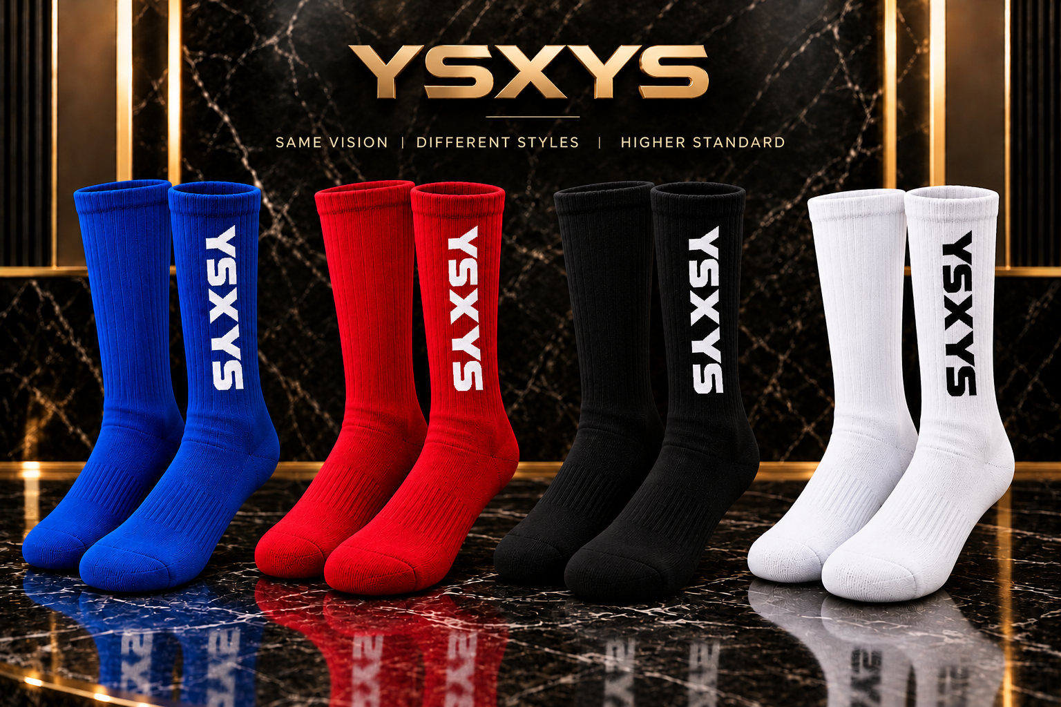 YSXYS crew socks in blue, red, black, and white colorways