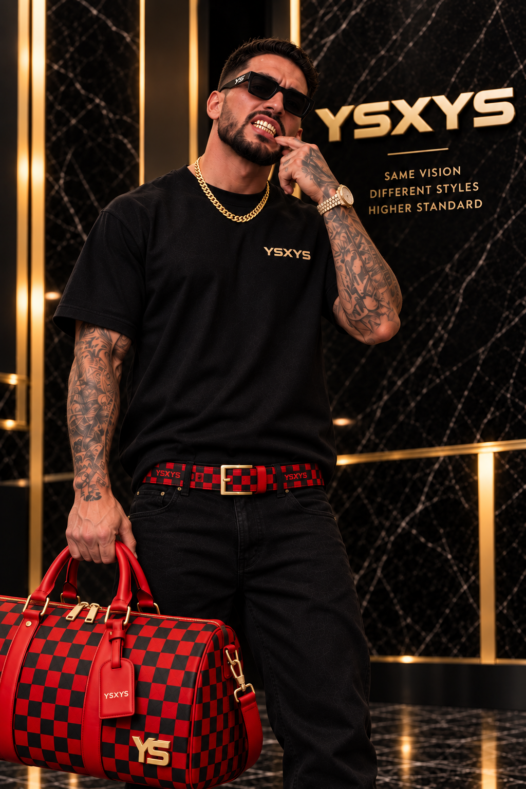 YSXYS Collection — models wearing Young Sneakers grills, sunglasses, and accessories