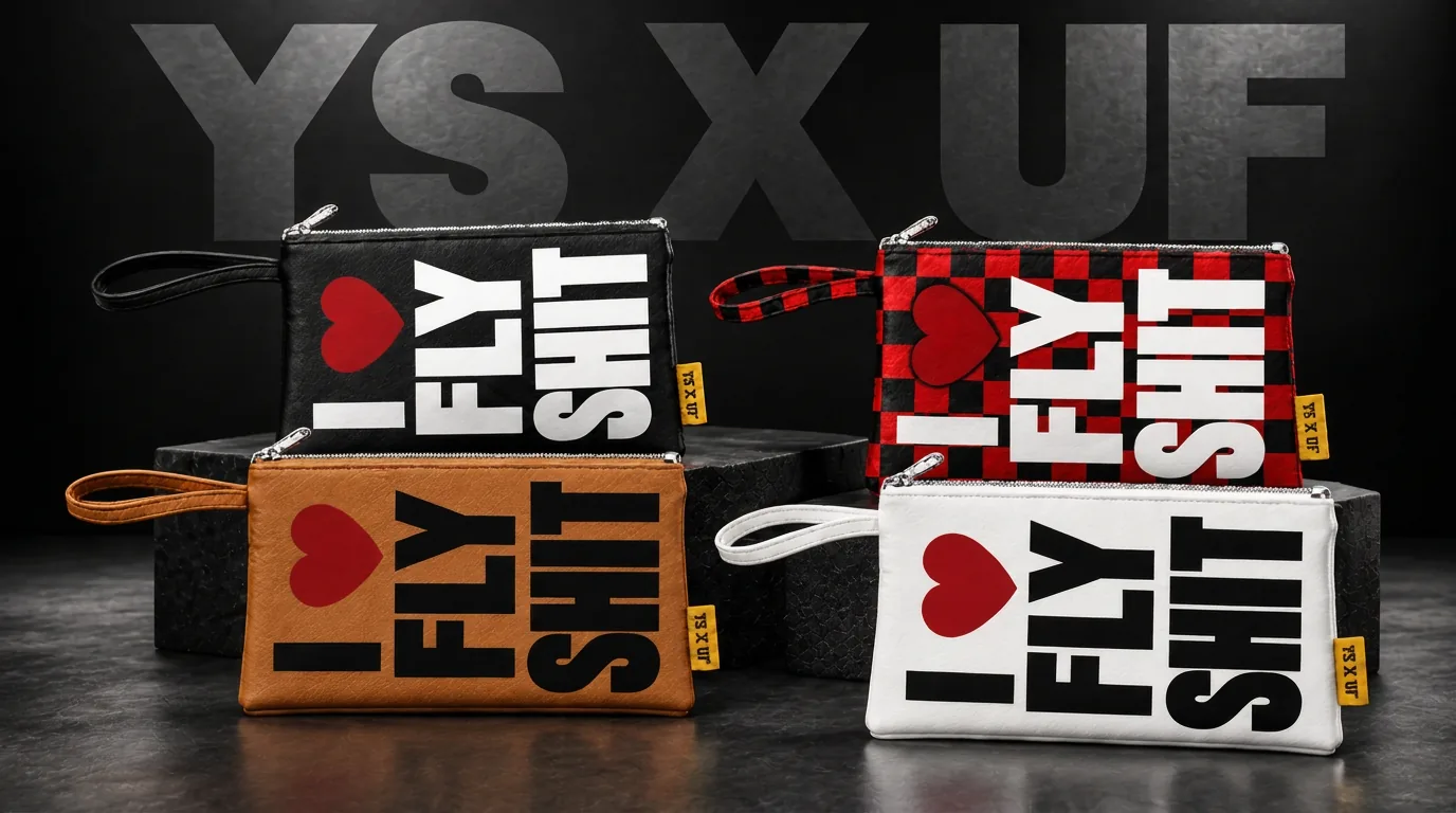 YSXUF Collection — front view of four leather wristlet pouches in Black, Red Checkerboard, Tan, and White.