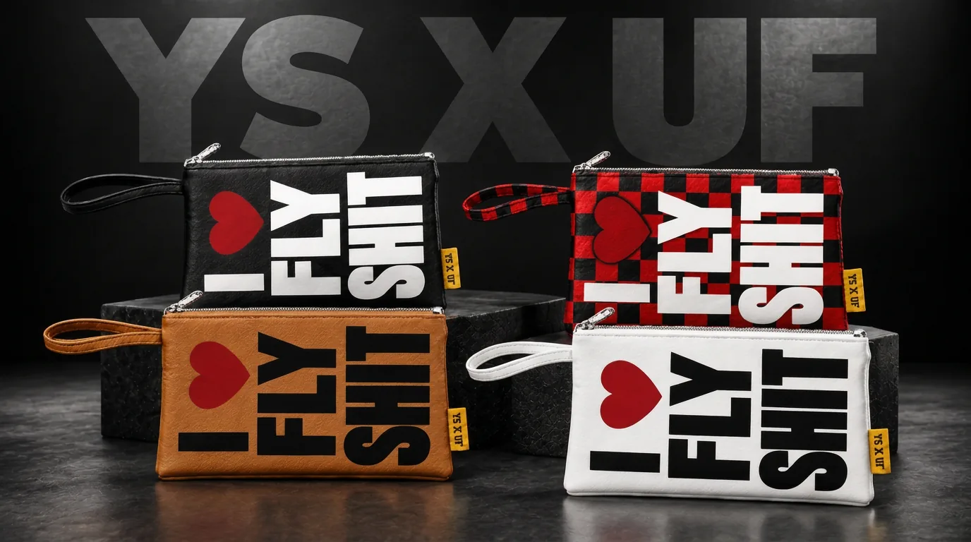 YSXUF District Wristlet Pouches — black, red checkerboard, tan, and white colorways